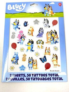 Bluey And Friends 50 Temporary Tattoos/ 2 Sheets Dress Up Pretend Play